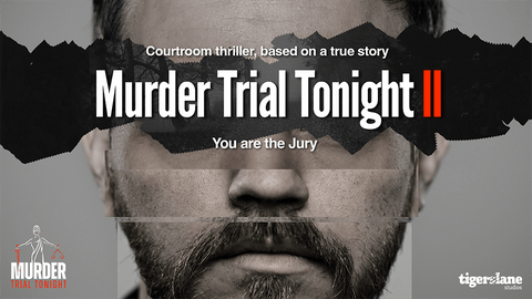 A close up image of a stern-looking man, his eyes covered by the title "Murder Trial Tonight II"