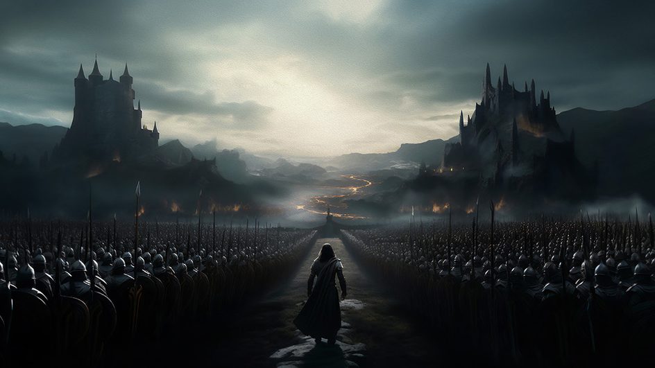 A still image from the Lord of the Rings film showing an army ready for battle.