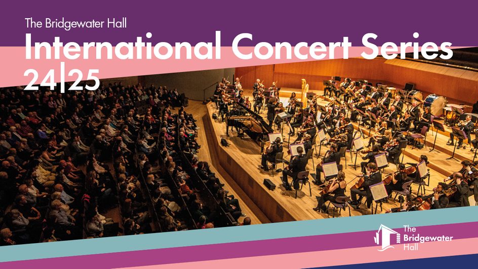 Graphic with text 'International Concert Series 24|25' and image of orchestra in the background