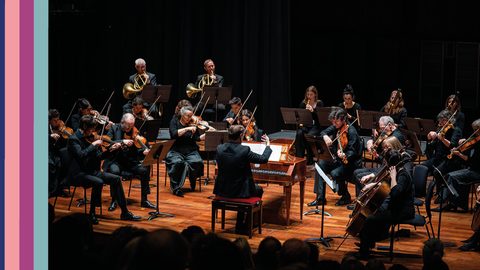 Stage shot of small orchestral ensemble, audience to fore